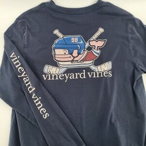Vineyard Vines Boy's XL 18 Long Sleeve T-Shirt Hockey Whale Graphic Navy Blue